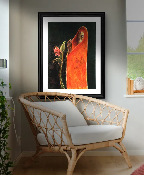 Woman_and_a_Flower_-_A_Painting_by_Rabindranath_Tagore,_Wall_Decor,_Framed,_Multicolor