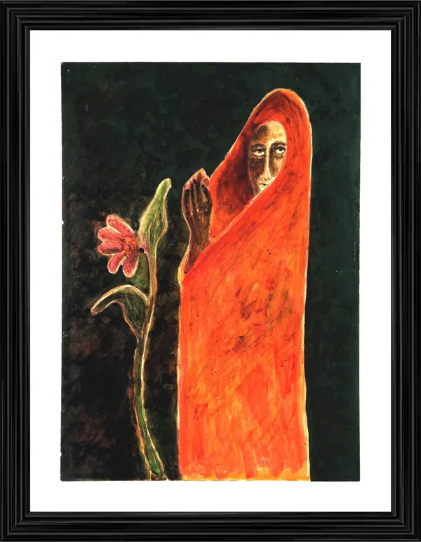 Woman_and_a_Flower_-_A_Painting_by_Rabindranath_Tagore,_Wall_Decor,_Framed,_Multicolor