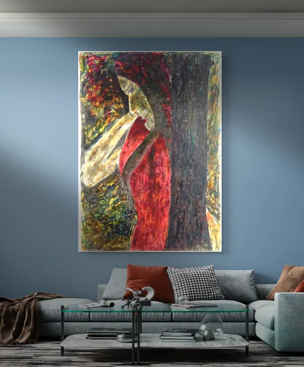 Woman_behind_a_Tree_-_A_Painting_by_Rabindranath_Tagore,_Wall_Decor,_Framed_Canvas,_Multicolor