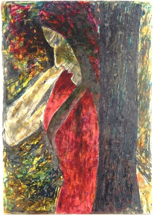 Woman_behind_a_Tree_-_A_Painting_by_Rabindranath_Tagore,_Wall_Decor,_Framed_Canvas,_Multicolor