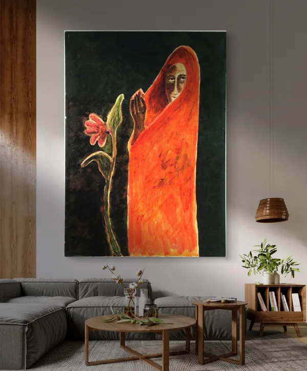 Woman_and_a_Flower_-_A_Painting_by_Rabindranath_Tagore,_Wall_Decor,_Framed_Canvas,_Multicolor