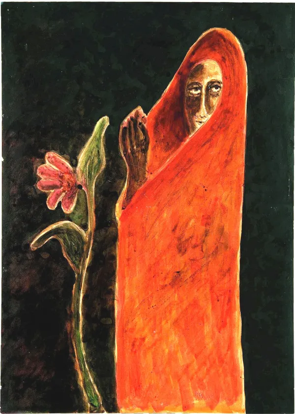 Woman_and_a_Flower_-_A_Painting_by_Rabindranath_Tagore,_Wall_Decor,_Framed_Canvas,_Multicolor