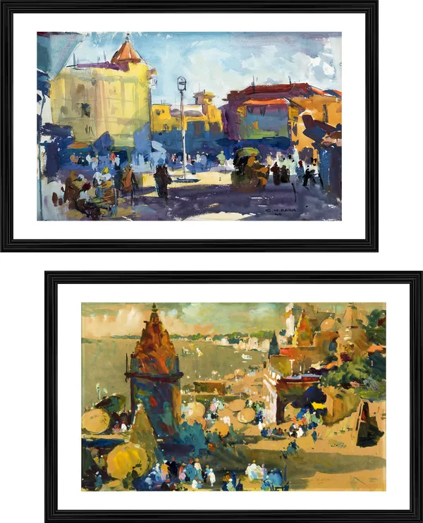 Cityscape_(Mumbai)_&_The_Hindu_(Banaras_Ghat)-_Paintings_by_S._H._Raza,_Wall_Decor,_Framed,_Set_of_2,_Multicolor