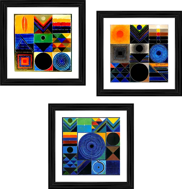 Surya_Namaskar_(Aarambh)-__Paintings_by_S._H._Raza,_Wall_Decor,_Framed,_Set_of_3-_12"x12"_each,_Multicolor