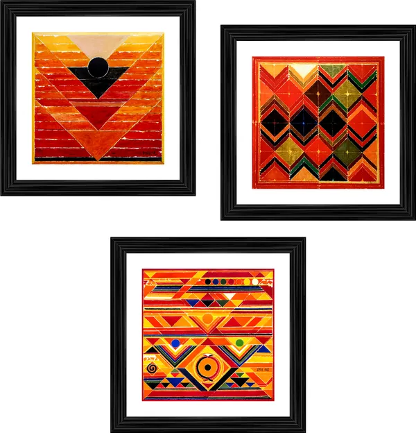 Pujan_and_Rangoli-__Paintings_by_S._H._Raza,_Wall_Decor,_Framed,_Set_of_3-_12"x12"_each,_Multicolor