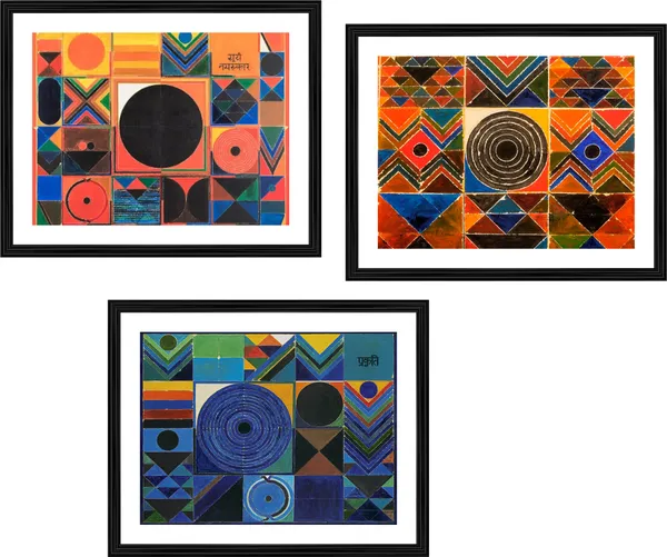 Surya_Namaskar-__Paintings_by_S._H._Raza,_Wall_Decor,_Framed,_Set_of_3,_Multicolor