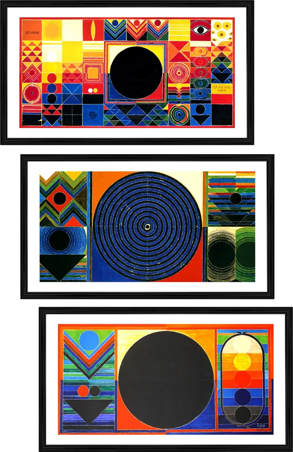 Surya_Namaskar-__Paintings_by_S._H._Raza,_Wall_Decor,_Framed,_Set_of_3-_12"x21"_each,_Multicolor