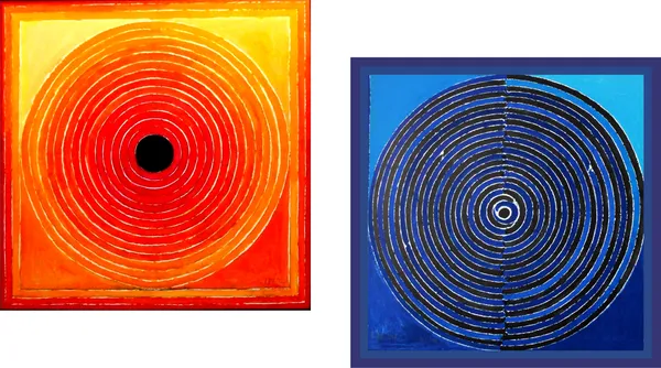 Bindu_Series-_Aarakta_&_Neel-_Paintings_by_S._H._Raza,_Wall_Decor,_Framed_Canvas,_Set_of_2-_15"x15"_each,_Multicolor