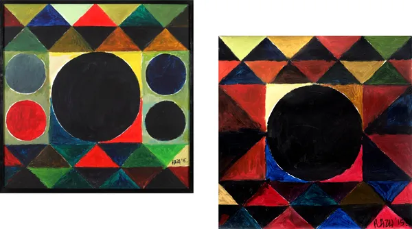 Bindu_Series-_Tribhuj_Sansar-_Paintings_by_S._H._Raza,_Wall_Decor,_Framed_Canvas,_Set_of_2-_15"x15"_each,_Multicolor