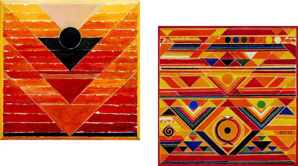 Pujan_(The_Worship)-_Paintings_by_S._H._Raza,_Wall_Decor,_Framed_Canvas,_Set_of_2-_15"x15"_each,_Multicolor