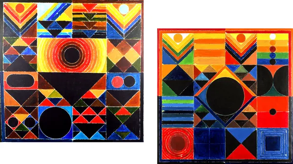 Tribhuj_Sansar_(Aarambh)-_Paintings_by_S._H._Raza,_Wall_Decor,_Framed_Canvas,_Set_of_2-_15"x15"_each,_Multicolor