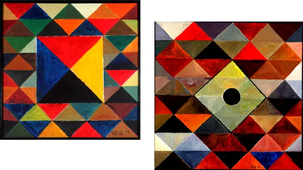Tribhuj_Sansar_(Ankuran)-_Paintings_by_S._H._Raza,_Wall_Decor,_Framed_Canvas,_Set_of_2-_15"x15"_each,_Multicolor