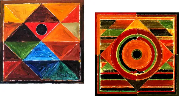 Deep_and_Tribhuj_Sansar-_Paintings_by_S._H._Raza,_Wall_Decor,_Framed_Canvas,_Set_of_2-_15"x15"_each,_Multicolor
