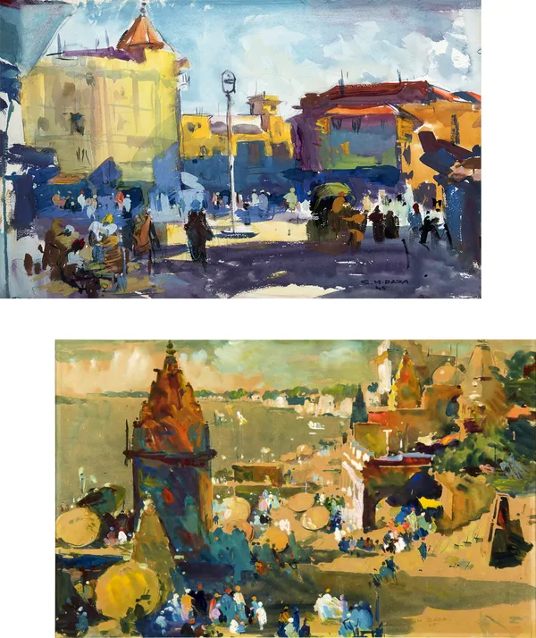Cityscape_(Mumbai)_&_The_Hindu_(Banaras)-_Paintings_by_S._H._Raza,_Wall_Decor,_Framed_Canvas,_Set_of_2,_Multicolor