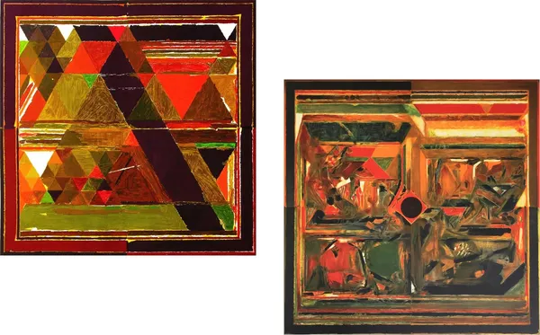 The_Encounter-_Paintings_by_S._H._Raza,_Wall_Decor,_Framed_Canvas,_Set_of_2-_15"x15"_each,_Multicolor
