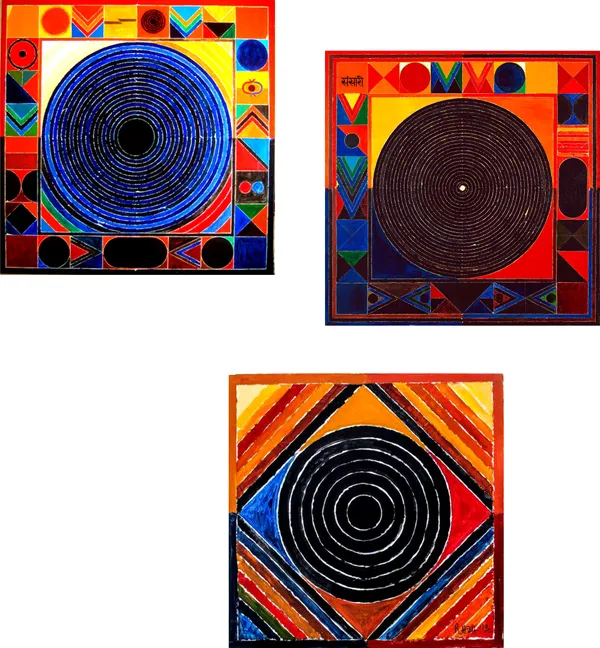 Bindu_Series-_Sansar_(The_Universe)-__Paintings_by_S._H._Raza,_Wall_Decor,_Framed_Canvas,_Set_of_3-_12"x12"_each,_Multicolor