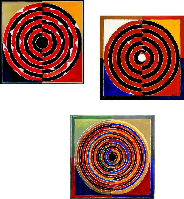 Bindu_Series-_The_Sun-__Paintings_by_S._H._Raza,_Wall_Decor,_Framed_Canvas,_Set_of_3-_12"x12"_each,_Multicolor