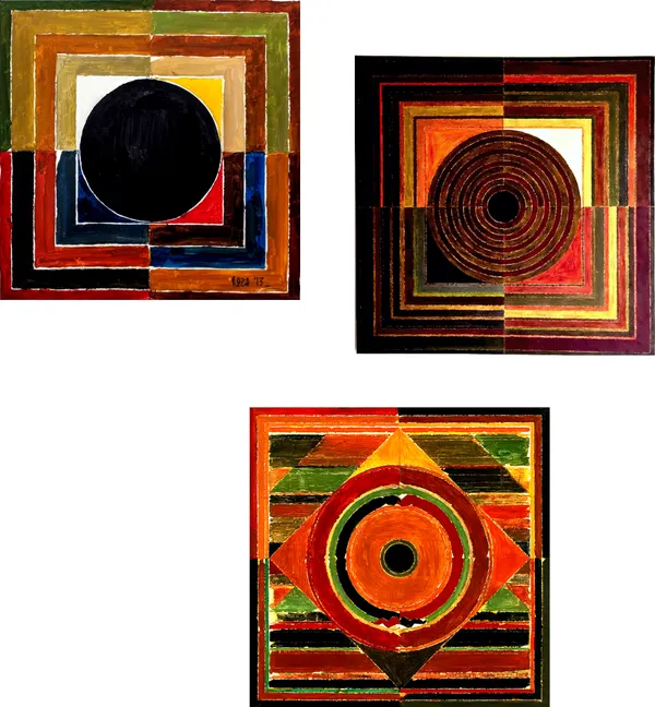 Bindu_Series-_Mruttika-__Paintings_by_S._H._Raza,_Wall_Decor,_Framed_Canvas,_Set_of_3-_12"x12"_each,_Multicolor