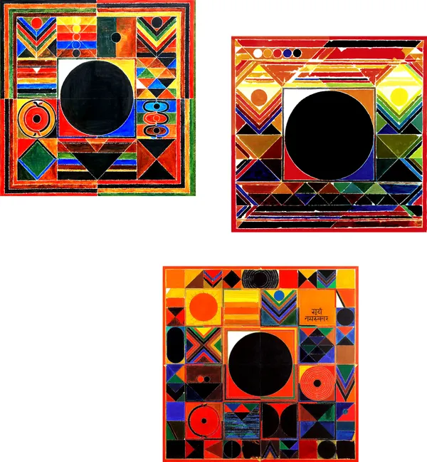 Bindu_Series-_Surya_Namaskar-__Paintings_by_S._H._Raza,_Wall_Decor,_Framed_Canvas,_Set_of_3-_12"x12"_each,_Multicolor