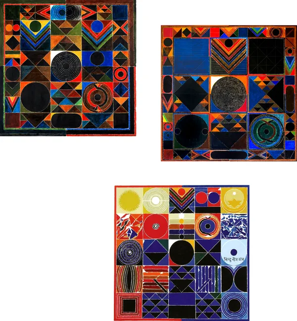 Shrishti_(Beej_Mantra)-__Paintings_by_S._H._Raza,_Wall_Decor,_Framed_Canvas,_Set_of_3-_12"x12"_each,_Multicolor