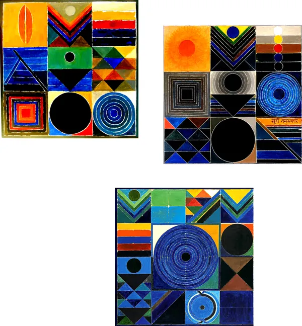 Surya_Namaskar_(Aarambh)-__Paintings_by_S._H._Raza,_Wall_Decor,_Framed_Canvas,_Set_of_3-_12"x12"_each,_Multicolor