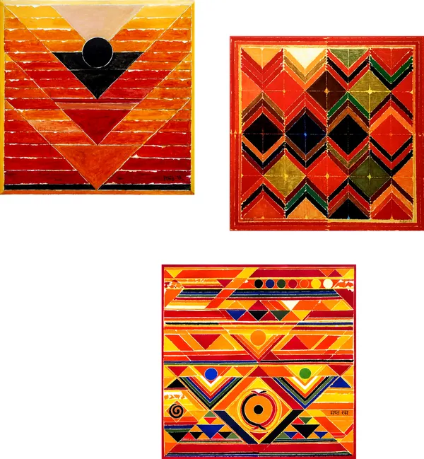 Pujan_and_Rangoli-__Paintings_by_S._H._Raza,_Wall_Decor,_Framed_Canvas,_Set_of_3-_12"x12"_each,_Multicolor