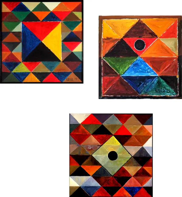 Tribhuj_Sansar-__Paintings_by_S._H._Raza,_Wall_Decor,_Framed_Canvas,_Set_of_3-_12"x12"_each,_Multicolor