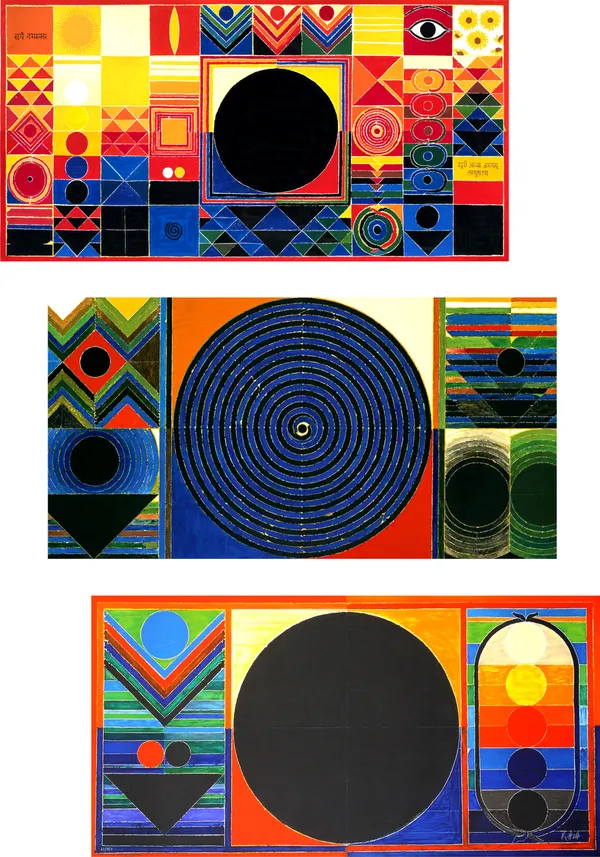 Surya_Namaskar-__Paintings_by_S._H._Raza,_Wall_Decor,_Framed_Canvas,_Set_of_3-_12"x21"_each,_Multicolor