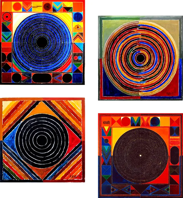 Bindu_Series-_Sansar_(The_Universe)-__Paintings_by_S._H._Raza,_Wall_Decor,_Framed_Canvas,_Set_of_4-_12"x12"_each,_Multicolor
