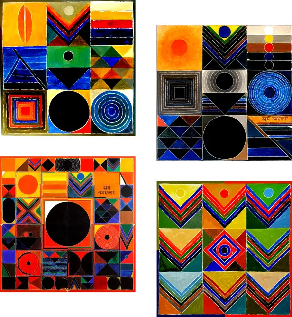 Surya_Namaskar_-__Paintings_by_S._H._Raza,_Wall_Decor,_Framed_Canvas,_Set_of_4-_12"x12"_each,_Multicolor