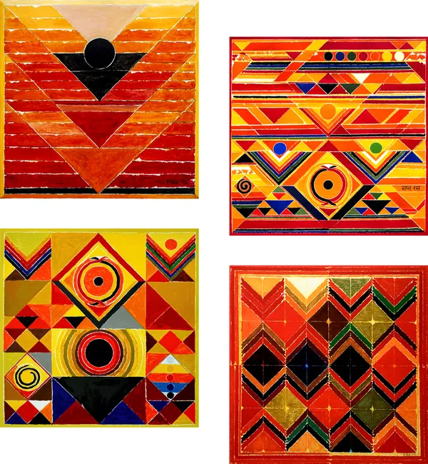Pujan_and_Rangoli-__Paintings_by_S._H._Raza,_Wall_Decor,_Framed_Canvas,_Set_of_4-_12"x12"_each,_Multicolor