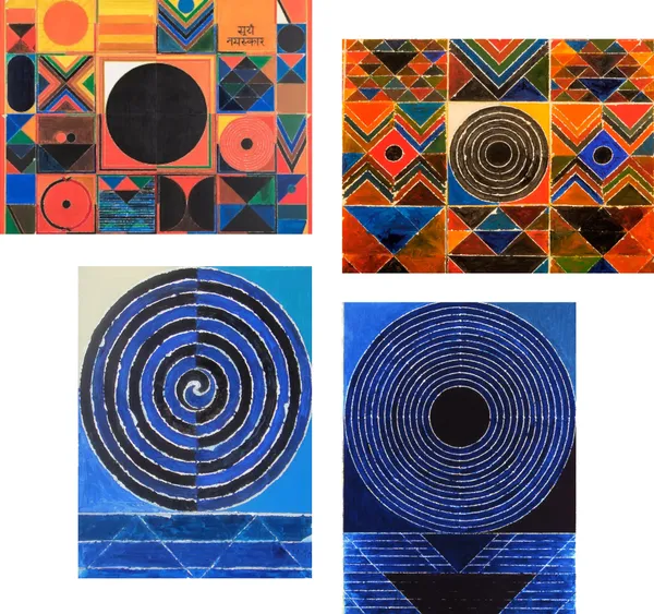 Surya_Namaskar_and_Kundalini-_Paintings_by_S._H._Raza,_Wall_Decor,_Framed_Canvas,_Set_of_4-_12"x15"_each,_Multicolor