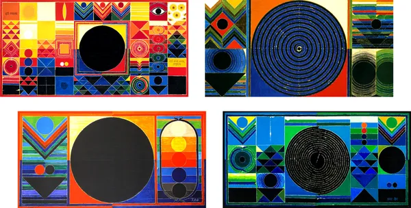 Surya_Namaskar_and_Kundalini-_Paintings_by_S._H._Raza,_Wall_Decor,_Framed_Canvas,_Set_of_4-_12"x21"_each,_Multicolor
