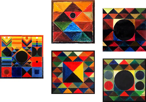 Tribhuj_Sansar-__Paintings_by_S._H._Raza,_Wall_Decor,_Framed_Canvas,_Set_of_5-_12"x12"_each,_Multicolor