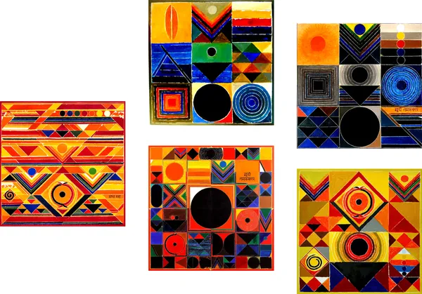 Surya_Namaskar-__Paintings_by_S._H._Raza,_Wall_Decor,_Framed_Canvas,_Set_of_5-_12"x12"_each,_Multicolor