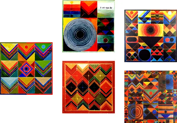 Shrishti_(The_Universe)-__Paintings_by_S._H._Raza,_Wall_Decor,_Framed_Canvas,_Set_of_5-_12"x12"_each,_Multicolor