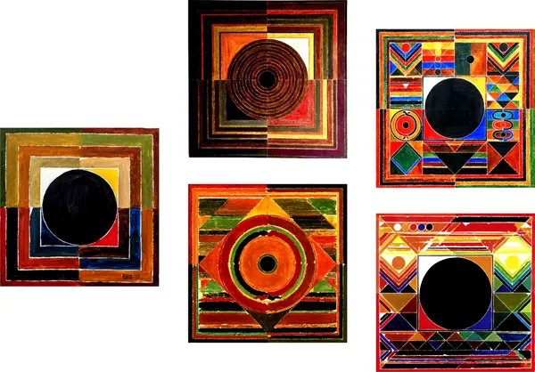 Bindu_theme-_Mruttika_(Aarambh)-__Paintings_by_S._H._Raza,_Wall_Decor,_Framed_Canvas,_Set_of_5-_12"x12"_each,_Multicolor