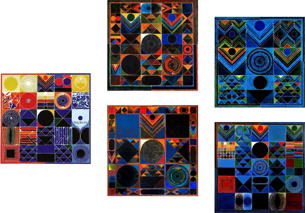 Prakriti_(Beej_Mantra)-__Paintings_by_S._H._Raza,_Wall_Decor,_Framed_Canvas,_Set_of_5-_12"x12"_each,_Multicolor