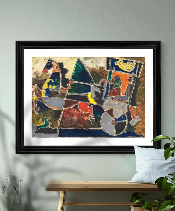 Horses_and_the_Chariot*-Set_of_2_Paintings_by_M.F._Husain,_Framed,_Wall_Decor,_Multicolor