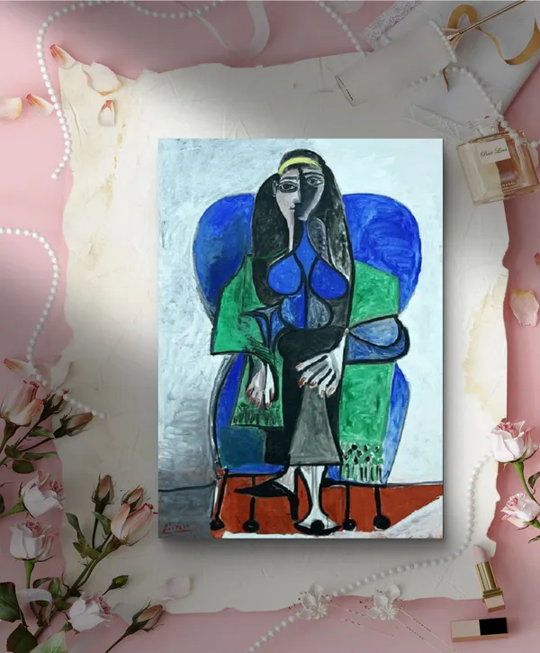 Seated_Woman_with_Green_Shawl_1960,_A_Painting_by_Pablo_Picasso,_Framed_Canvas,_Multicolor