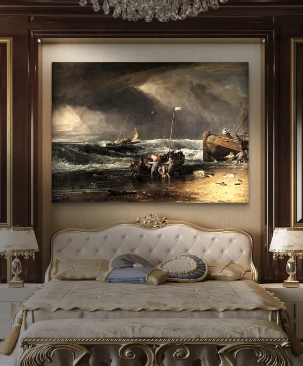 Fishermen_Hauling_a_Boat_ashore,_A_Painting_by_JMW_Turner,_Wall_D�cor,_Framed_Canvas,_Multicolor
