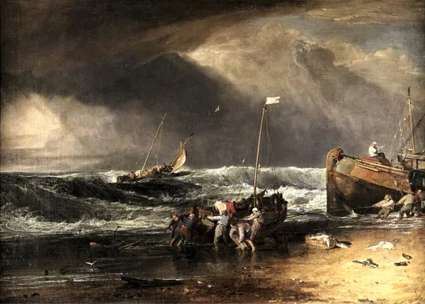 Fishermen_Hauling_a_Boat_ashore,_A_Painting_by_JMW_Turner,_Wall_D�cor,_Framed_Canvas,_Multicolor