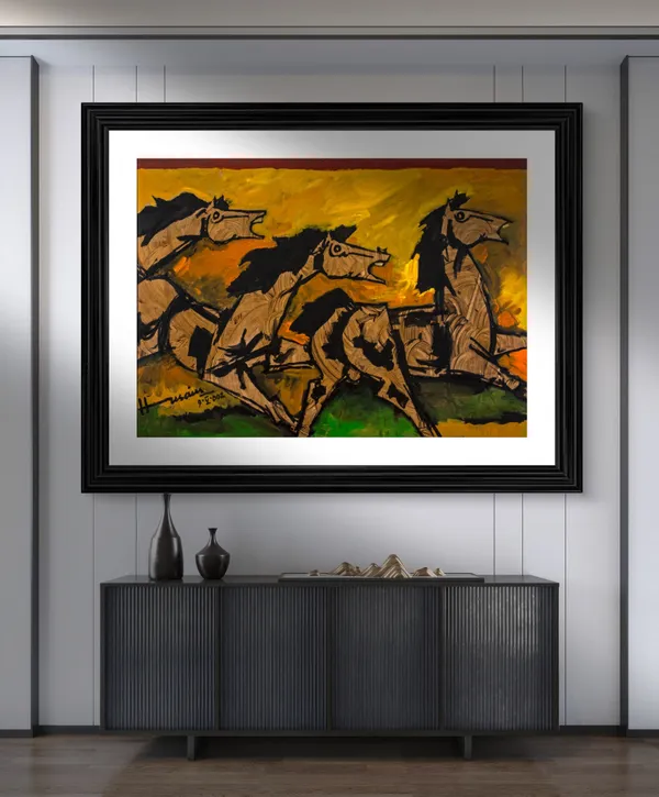 Three_Horses*-_Set_of_2_Paintings_by_M.F._Husain,_Framed,_Wall_Decor,_Multicolor