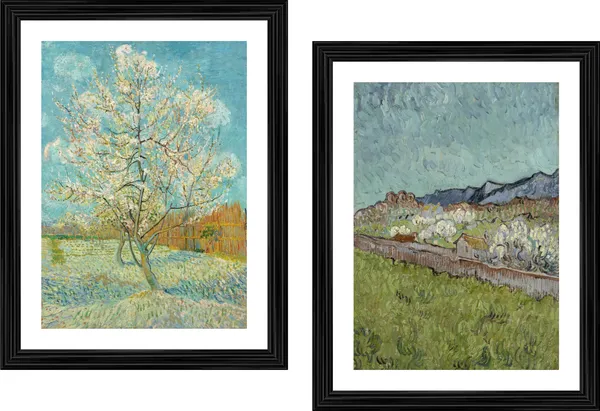 �The_Pink_Peach_Tree_&_View_of_Alpilles,_Paintings_by_Van_Gogh,_Framed,_Set_of_2,_Multicolor