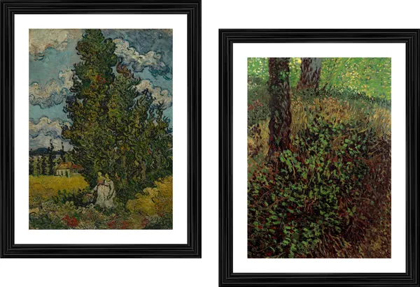 �Cypresses_and_Women_&_Undergrowth,_Paintings_by_Van_Gogh,_Framed,_Set_of_2,_Multicolor