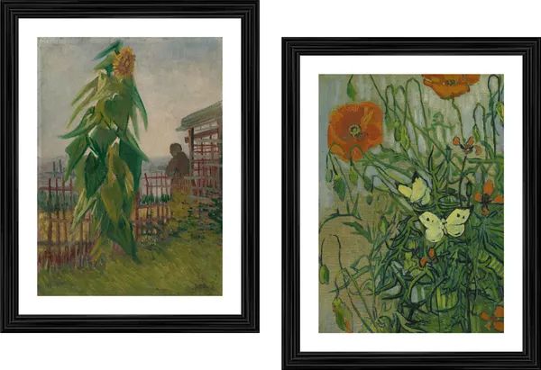 �Sunflower_&_Butterflies_with_Poppies,_Paintings_by_Van_Gogh,_Framed,_Set_of_2,_Multicolor