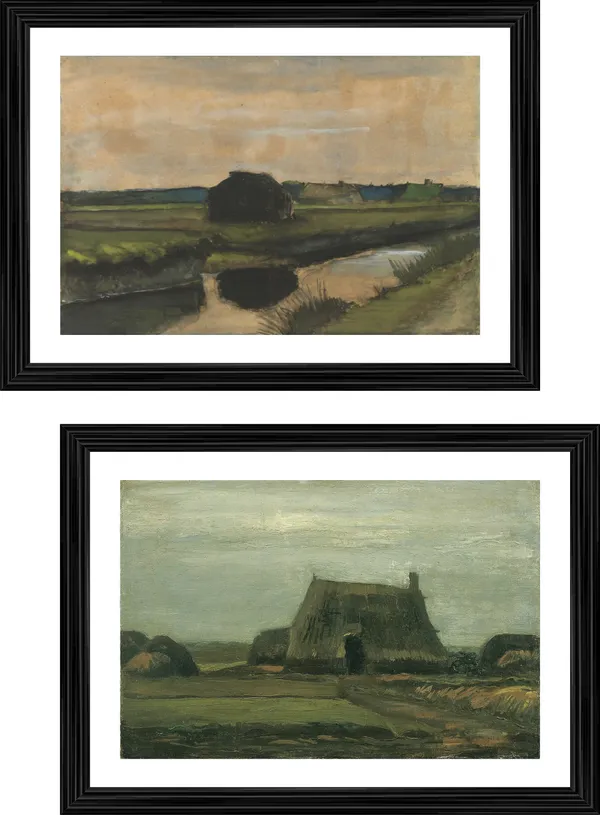 Farmhouses_&_Farm_with_Stacks_of_Peat,_Paintings_by_Van_Gogh,_Framed,_Set_of_2,_Multicolor