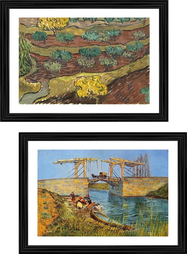 �Olive_Trees_on_hills_&_Langlois_Bridge_at_Arles,_Paintings_by_Van_Gogh,_Framed,_Set_of_2,_Multicolor