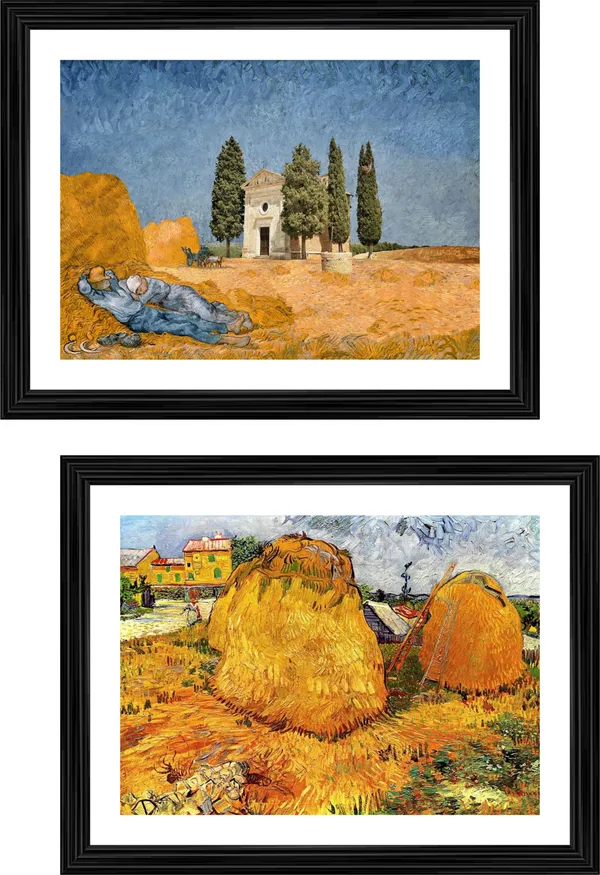 �A_Couple_at_Chapel_&_Haystacks_in_Provence,_Paintings_by_Van_Gogh,_Framed,_Set_of_2,_Multicolor