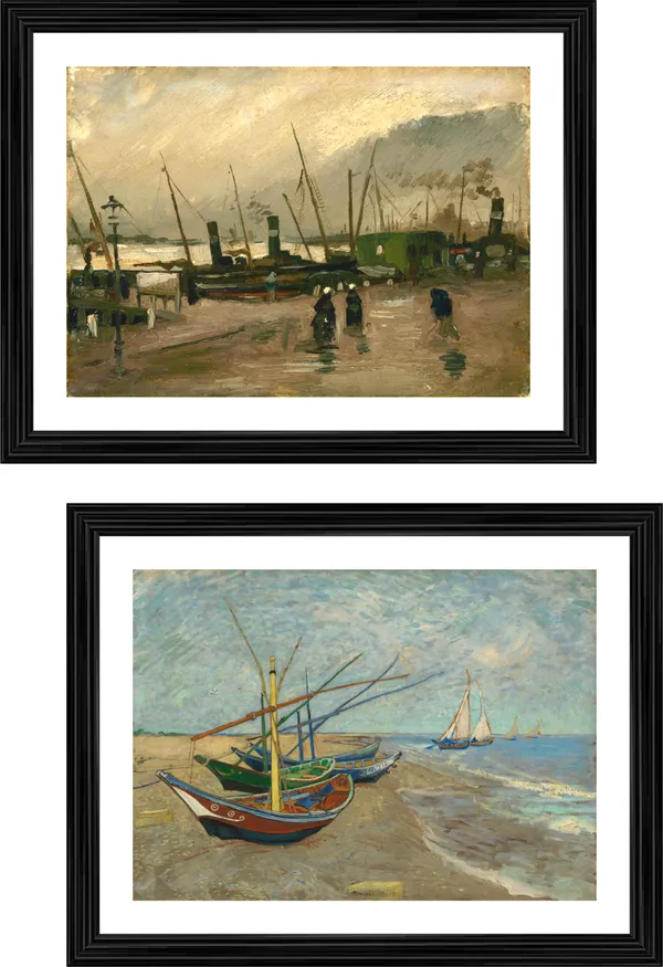 �Amsterdam_&_Fishing_Boats_on_the_Beach,_Paintings_by_Van_Gogh,_Framed,_Set_of_2,_Multicolor